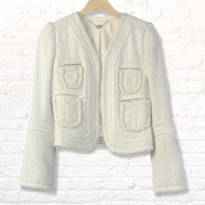 Tuleh Ivory/Silver Metallic Tweed Blazer with Zip pockets sz 6 (fits like a 4)